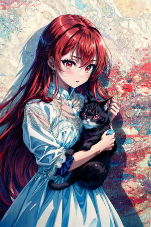 1girl, wallpaper, 8k, 16k, ultra detailed, illustration, totally beautiful red eyes & hair, playing with cat, cat1, cat2, cat3, beautiful & aesthetic dress, white gown