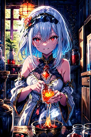 masterpiece,best quality,highres,cinematic lighting,dramatic angle,1girl,white hair,hairband,looking at viewer,glowing eyes,red eyes,white dress,bare shoulders,tassel,layered dress,detached sleeves,,upraised eyebrows,parted lips,evil smile,black ribbons,portrait,holding potion,pouring liquid to a boiling pot,atelier,at laboratory,Biological samples soaked in glass jars