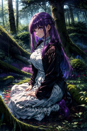 masterpiece, best quality, highres, aafern, long hair, purple hair, blunt bangs, purple eyes, large breasts, long dress, white dress, black robe, long sleeves, , sitting, smile, tree stump, waving, forest,