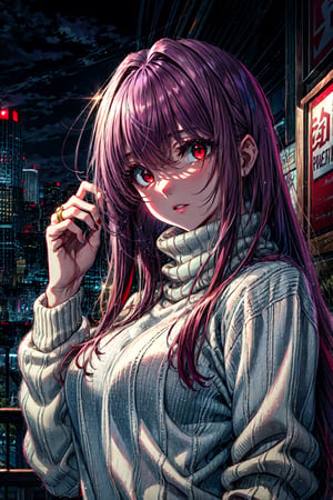 scathach, , scathach, long hair, purple hair, (red eyes:1.5), BREAK long sleeves, ribbed sweater, sweater, turtleneck, turtleneck sweater, white sweater BREAK outdoors, city, BREAK looking at viewer, BREAK , (masterpiece:1.2), best quality, high resolution, unity 8k wallpaper, (illustration:0.8), (beautiful detailed eyes:1.6), extremely detailed face, perfect lighting, extremely detailed CG, (perfect hands, perfect anatomy),