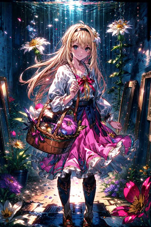 masterpiece,best quality,highres,cinematic lighting,dramatic angle,1girl,,hair ornament,hair ornaments,hairband,hair flower,costume2,blonde hair,blue eyes,portrait,village girl,holding basket of flowers,long pink skirt,frills,white topwear,boots,black pantyhose,yellow bowtie,hairband, ,smile looking at viewer