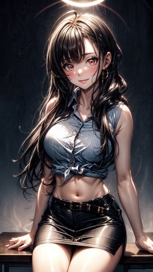 (masterpiece), high quality, detailed background, 1girl, solo,, ChopioIshtar, black hair, hair ribbon, parted bangs, ahoge, red eyes, looking at viewer, navel, midriff,mature female, medium breasts,desk, sitting, pencil skirt, white shirt, shirt tucked in, buttons, seductive smile, belt