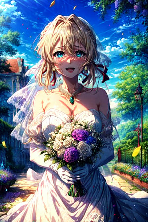 masterpiece, best quality, highres, violet evergarden, braid, hair ribbon, red ribbon, , bridal veil, wedding dress, white dress, necklace, brooch, strapless, white gloves, holding bouquet, smile, open mouth, tears, crying, confetti, garden