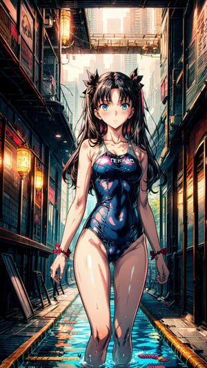 (masterpiece, best quality), 1girl, solo, two side up, black hair ribbon, blush, blue eyes, tohsaka rin,( tall:1.2), small breasts, looking at viewer, pool, one_piece swimsuit