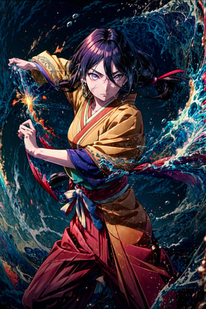 masterpiece, absurdres , (intricate details), (colorful),cinematic lighting,bust shot,extremely detailed CG unity 8k wallpaper ,hyuuga hanabi,  1girl, solo, orange kimono, red hakama skirt, obi, wide sleeves, looking at viewer, closed mouth, wind,fighting stance,  low tied long hair, 