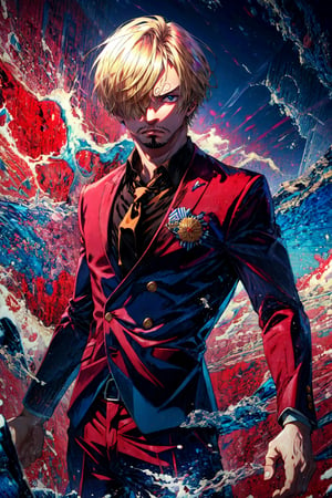 4k, best quality, ultra high res, masterpiece, , sanji2, suit, hair_over_one_eye, eyeblow, black shirts, necktie, Burgundy jacket, facial hair, cowboy shot