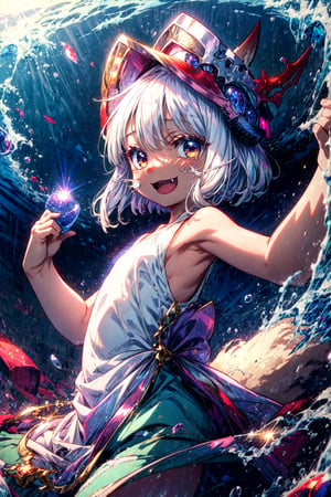 masterpiece, best quality, nanachi, narehate, white hair, horned helmet, headdress, bottomless, smile, open mouth, fang, looking at viewer,