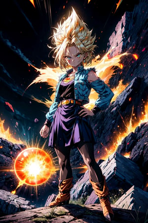 1girl, (glowing body:1.4), (body whole covered by yellow light like super saiyan:1.4), blue eyes, boots, brown footwear, earrings, jewelry, outstretched arm, outstretched hand, pantyhose, standing, hand on hip, denim, black shirt, blonde hair, short hair, sleeveless jacket, denim jacket, denim skirt, solo, skirt, belt, brown belt, striped sleeves, closed mouth, long sleeves, Akira Toriyama, rocks, high rocks, wilderness, blue sky, full body, looking at viewer, android 18,