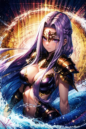  gorgon \(fate\), slit pupils, looking at viewer, hair flowing over, huge breasts, a woman with a sword in her hand, dark phantasy, wallpaper for monitor, royal bird, loundraw, glorious long purple hair, wearing bullet-riddled armor, masked female violinists, no watermark signature, pharaoh, brawl, illustration - n 9, clear image, gwyn,Circle