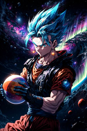 1boy, floating, solo, outer space, ((planet)), aurora on planet, sunlight, , energy ball, electricity,  vegetto, blue spiked hair, jewelry, earrings, blue hair, blue and orange dougi, (realistic), white glove, 