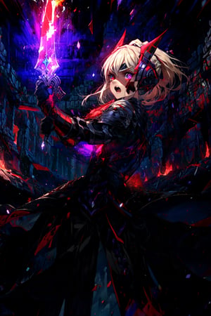 masterpiece,best quality,highres,1girl,,looking at viewer,alternative3,black helmet,covered eye,holding,red sword,expressionless,red eyes,,black armor,middle red dress,purple theme,glowing particles,asymmetrical eyes,from side,fighting stance,dynatic angle,roar,battlecry,open mouth,angry,fire,flames,cursed aura,ruins,ashes,blood,facial mark