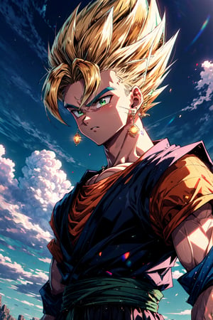 (masterpiece), (best quality), HDR, intricate detail, focus,blue sky, cloud, 1boy, vegetto, spiked hair, jewelry, earrings,super saiyan, blonde hair, Green eyes,,upper body, close-up, standing,