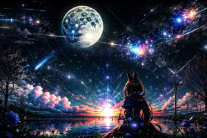 ((masterpiece, best quality)),,horse ears,blue rose,meteor shower,full moon,starry sky,meadow,Wariza,CLOUD,admire vega \(umamusume\)