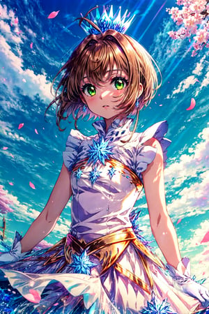 masterpiece, best quality, highres, kinomoto sakura, 1girl, brown hair, short hair, antenna hair, ahoge, crown, green eyes, white dress, sleeveless, white gloves,, cowboy shot, blue sky,