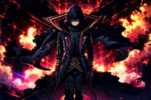 (masterpiece,best quality, high resolution:1.2),dark dynamic lighting, , ChopioKagenou walking towards, menacing, centered, short hair, black hair, hair between eyes, hooded cloak, black coat, trench coat, black gloves, black pants, red eyes, glowing eyes, evil grin, parted lips, open mouth, detailed face, (solo:1.2),EpicSky