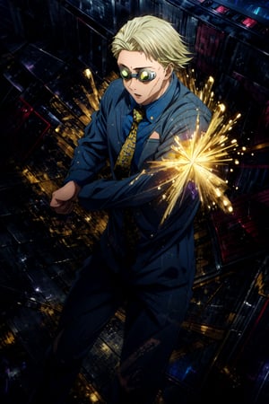 masterpiece, hyper detailed, highres, good anatomy, solo, nanami, blue shirt, suit, yellow tie, action pose, night sky, pants, goggles