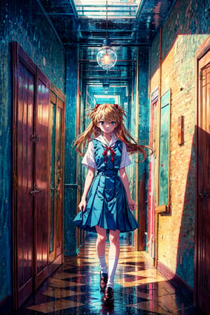 (masterpiece, best quality, detailed), 1girl, solo, indoors, window, blue sky, hallway, souryuu asuka langley, interface headset, suspender skirt, red ribbon, white shirt, school uniform, socks, shoes 