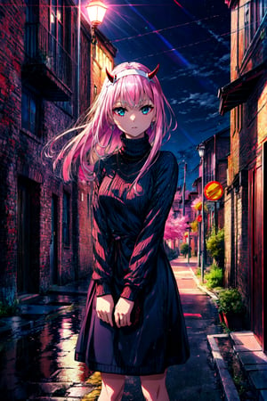 masterpiece, best quality, highres, aazero2, long hair, horns, hairband, , sweater dress, turtleneck, standing, street, night