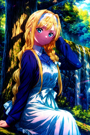 masterpiece, best quality, AliceZuberg, 1girl, solo, long hair, looking at viewer, smile, bangs, blue eyes, blonde hair, long sleeves, sitting, very long hair, closed mouth, hair bow, outdoors, day, arm up, tree, single braid, blue dress, hair intakes, white bow, nature, long skirt, braided ponytail, white hairband, 