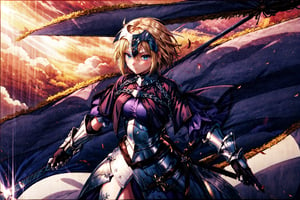 masterpiece, best quality,1girl,,solo, long hair, blonde hair, jeanne d'arc (fate), armor, blue eyes, weapon, sword, armored dress, gauntlets, headpiece, jeanne d'arc (third ascension) (fate),(kbxll:1), , front view,CLOUD