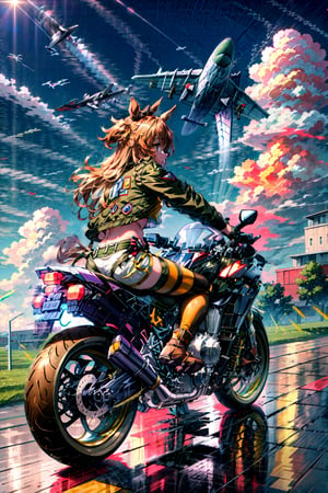 masterpiece, best quality, mayano topgun \(umamusume\), dog tags, navel, brown thighhighs, midriff, yellow crop top, bomber jacket, white short shorts, green jacket, boots, brown footwear, open jacket, ground vehicle, motorcycle, military vehicle, riding, from side, airplane, aircraft, cloud,