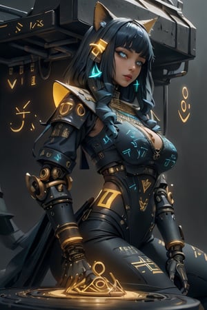 masterpiece, ultra hd, 8k,hdr, dynamic , blue eyes , hyper realistic, detailed background, finely detailed_body, big_boobs , fullbody,1girl, very long hairstyle, (dark blue hair color:1.2), (bright eyes:1.1), | symetrical crown, egyptian, egyptian clothes , egypt godess ,egypt , hecate , fox_ears , seethru , Animal ear, perfecteyes , ,Detailedface,Detailedeyes,mechanical_arms,cybernetic_enhancements,GlowingRunes_yellow,dessert,sand,ActionFigureQuiron style,Cyber_Egypt,Building_Egyptian