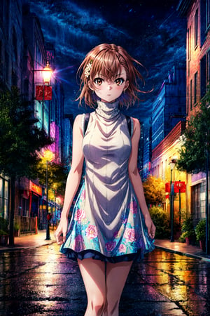 masterpiece, best quality, highres, aamikoto, short hair, hair flower, , standing, sweater dress, turtleneck, sleeveless, night, street, standing,