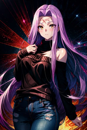  masterpiece, best quality,1girl, medusa (rider) (fate),(black woollen sweater:1.2),jeans,long hair, medusa (fate),off bare shoulders, purple hair, solo, yellow eyes, large breasts, very long hair, looking at viewer, anime screencap