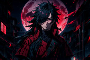 absurdres, [perfect shadows, masterpiece, attentive, high quality, detailed, extremely detailed, 4K, high definition, intricate, cinematic, 8k, ultra quality, 8K UHD,official art, illustration,, solo, male focus, 1boy, , uchiha madara, long hair, hair over one eye, red moon as background,  (upper-body:1.3), , midjourney, , night, dark, shadow on face, cinematic scene