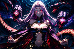 MedGorg, 1girl, bare shoulders, breasts, bustier, cleavage, clothing cutout, jewelry, large breasts, long hair, looking at viewer, medusa \(fate\), navel, purple eyes, purple hair, scales, smile, solo, very long hair, (glowing eyes:1.3), snake hair, snake tail, claws