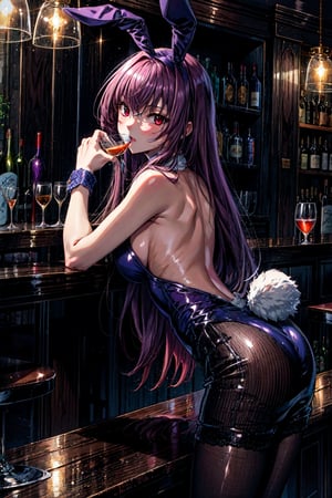 scathach, scathachBunny, masterpiece, best quality, absurdres, 1girl, standing, leaning forward, bar \(place\), alcohol, cowboy shot, looking at viewer