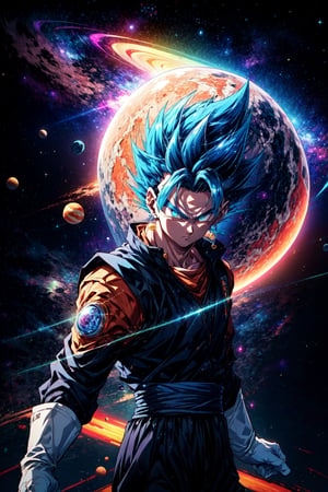 1boy, floating, solo, outer space, ((planet)), aurora on planet, sunlight, , energy ball, electricity,  vegetto, blue spiked hair, jewelry, earrings, blue hair, blue and orange dougi, (realistic), white glove, 