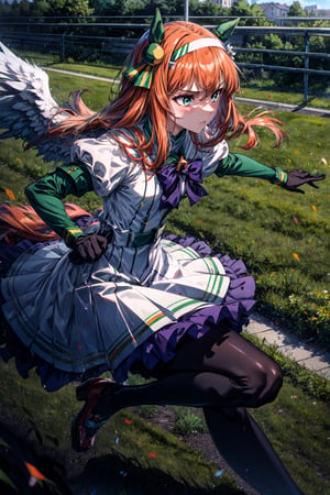 masterpiece,realistic, ,1girl,silence suzuka (umamusume),silence suzuka(Racing),horse girl,horse ears,horse tail,orange hair,green eyes,long hair,ear covers,hairband,black gloves,black bowtie,layered sleeves,purple pantyhose,asymmetrical footwear,solo,on grass, outdoors,running,speed lines, from side, serious, racing, angel wings,aasuzuka