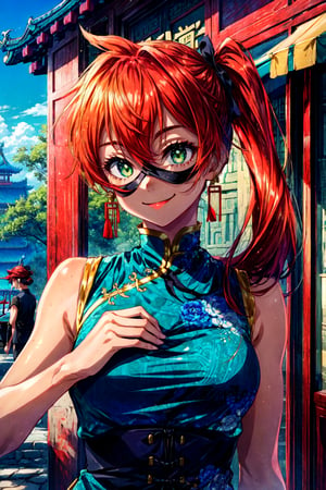kendou itsuka, long hair, side ponytail, 1girl, mask, green eyes, outdoors, cafe, upper body, smile, orange hair, blue dress, looking at viewer, chinese clothes, closed mouth, solo, china dress, sleeveless