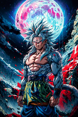 ((masterpiece,best quality)), absurdres, , Super_Saiyan_5_Goku, 1boy, male focus, (white fur:1), red eyes, tail, white hair, solo, looking at viewer, cowboy shot, scifi background, giant moon, starry sky,