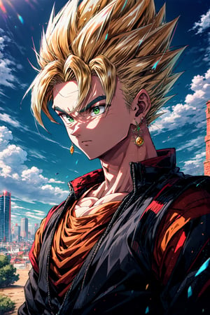 (masterpiece), (best quality), HDR, intricate detail, focus,blue sky, cloud, 1boy, vegetto, spiked hair, jewelry, earrings,super saiyan, blonde hair, Green eyes,,upper body, close-up, standing, 