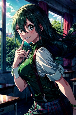 score_9, score_7_up, source_anime, solo, BREAK smile, finger to mouth, bent back  Asui_Tsuyu, green hair, black eyes, low-tied long hair, hair between_eyes, hair rings, medium breasts,  GirlSuspenders, white turtleneck, suspenders, plaid skirt, classroom,
Show less