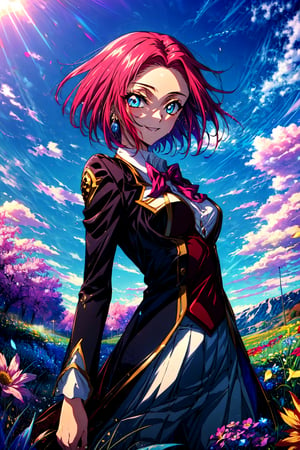 (best quality, masterpiece:1.3),kallencodegeass,(schooluniform:1.3), extremely detailed,solo,1girl,(colorful),(finely detailed beautiful eyes and detailed face),blue eyes,red hair,cinematic lighting,extremely detailed CG unity 8k wallpaper,solo,smile,(Flowery meadow) sky, cloudy_sky, sunlight, sun,(cowboy shot:1.3)
