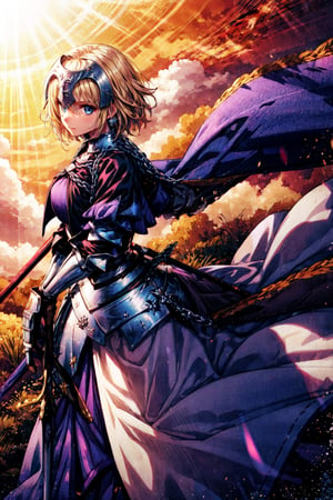 masterpiece, best quality, 1girl, solo, long hair, blonde hair, jeanne d'arc (fate), armor, blue eyes, weapon, sword, armored dress, gauntlets, headpiece, jeanne d'arc (third ascension) (fate),(kbxll:0.6),CLOUD,Circle