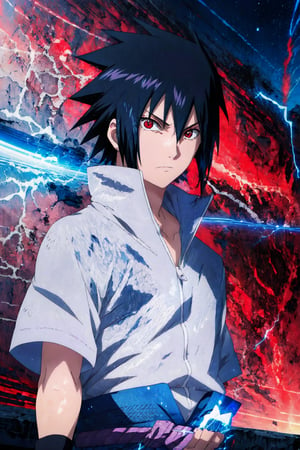 score_9,score_8,score_7,score_6,score_5,score_4,source_anime,medium_shot,Sasuke Uchiha,look of contempt,black hair,sharingan eyes,red eyes,black hair, spiky hair,gray shirt with short sleeves,black arm guard,hand up,chidori,electrokinesis,electricity in hand,moon,red sky,big clouds,BREAK