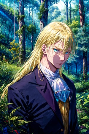 masterpiece, best quality, photorealistic, 1boy, solo, male focus, looking at viewer, upper body, , , leon_cromwell, blue eyes, blonde hair, long hair, suit jacket, , An enchanted forest where magical creatures and plants abound,