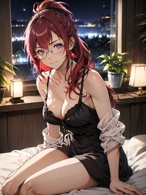 best quality, (masterpiece:1.2), detailed, medieval, fantasy,,1girl, solo, closed mouth, slight smile,short ponytail, long hair, red hair, purple eyes, glasses,collarbone, cleavage, black nightgown, short sleevessitting, on bed, looking at the viewer,indoors, night, forest