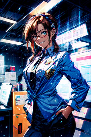 masterpiece,best quality,1girl,mature female,makinami mari illustrious,hairband,medium breasts,wide hips,narrow waist,(business suit),open jacket,necktie,grin,standing,hands in pockets,indoors,office,science fiction,cowboy shot,