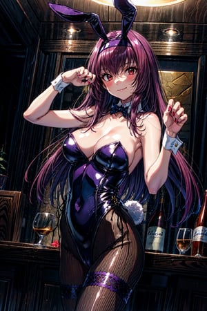 scathach, , (masterpiece, best quality:1.2), , cowboy shot, solo, 1girl, scathach \(fate\), playboy bunny, smile, closed mouth, looking at viewer, paw pose, fake animal ears, leotard, pantyhose