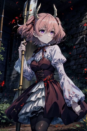 lineye,1girl,solo,short twintails,hair between eyes,pink hair,medium hair,demon horns,dark red hair ribbon,pointy ears,purple eyes, frilled shirt collar,dark red choker,white frilled shirt,juliet sleeves,long sleeves,dark red neck ribbon,dark red dress,white frilled dress,white layered dress,brown corset,striped pantyhose, mary janes,outdoors,battle axe,holding axe, Exquisite visuals, high-definition,masterpiece,best quality,Exquisite visuals,high-definition,masterpiece,best quality,18yo,Young female,Beautiful Fingers,Beautiful long legs,Beautiful body,Beautiful character design,