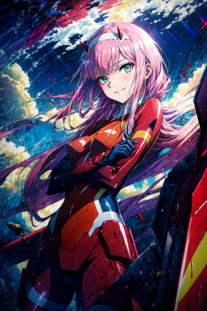 masterpiece, best quality, dynamic realistic illustration, 1girl, zero two \(darling in the franxx\), darling in the franxx, bangs, green eyes, long pink hair, red horns, eyeliner, red bodysuit, white hairband, crossed arms, smug, smirk, solo, volumetric lighting, rim lighting, smoke, dramatic, from below