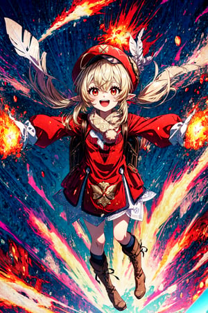 masterpiece, best quality, ,1girl, explosion, klee (genshin impact), hat, solo, boots, gloves, red headwear, smile, outstretched arms, open mouth, backpack, bag, looking at viewer, spread arms, twintails, dress, long hair, hat feather, brown footwear, long sleeves, red dress, knee boots, bangs, ahoge, pointy ears, red eyes, :d, blonde hair, cabbie hat, full body, socks, low twintails, hair between eyes, kneehighs, feathers, brown gloves, dodoco (genshin impact), white feathers, upper teeth only, teeth, sidelocks, randoseru, scarf