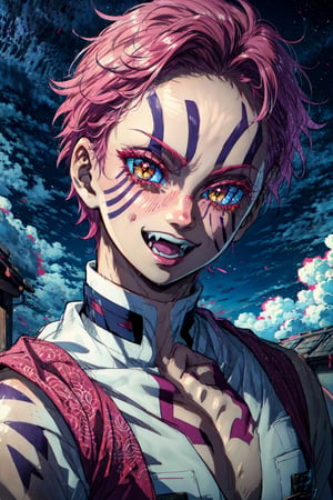 Ultra-realistic 8k CG, masterpiece, ((ultra-detailed background, delicate pattern, intricate details)), best quality, very detailed face, extremely detailed eyes and face, extremely detailed eyes,1boy, solo,pink hair,short hair,pink eyebrows,pink eyelashes,yellow eyes, pink waistcoat,white pants,tattoo,line tattoo,black tattoo,open mouth ,naughty face, :d,long fangs, ,akaza,outdoors, night sky, full moon, red moon, perched on a cloud, (fantasy illustration:1.3), enchanting gaze, captivating pose, otherworldly charm, mystical sky, (Luis Royo:1.2), (Isayama Hajime:1.1), moonlit night, soft colors, (detailed cloudscape:1.3), (high-resolution:1.2),looking at viewer, ,akaza kimetsu, , 