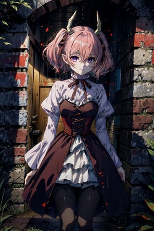 lineye,1girl,solo,short twintails,hair between eyes,pink hair,medium hair,demon horns,dark red hair ribbon,pointy ears,purple eyes,smile, frilled shirt collar,dark red choker,white frilled shirt,juliet sleeves,long sleeves,dark red neck ribbon,dark red dress,white frilled dress,white layered dress,brown corset,striped pantyhose, mary janes,outdoors,, Exquisite visuals, high-definition,masterpiece,best quality,Exquisite visuals,high-definition,masterpiece,best quality,18yo,Young female,Beautiful Fingers,Beautiful long legs,Beautiful body,Beautiful character design,