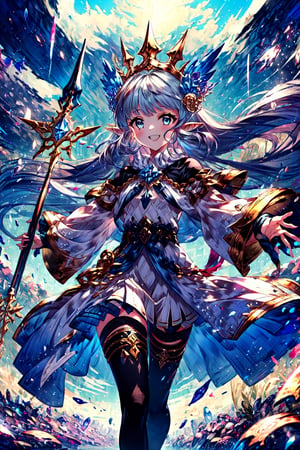 masterpiece,best quality,detailed, , solo, 1girl, field of deapth, lily_\(granblue_fantasy\), granblue fantasy, pointy ears, shilver hair, very long hair, hair ornament, blue eyes, small breasts, collarbone, outstretched arms, white dress, skirt, black thighhighs, black elbow gloves, smile, looking at viewer, winter, holding staff, dynamic perspective,